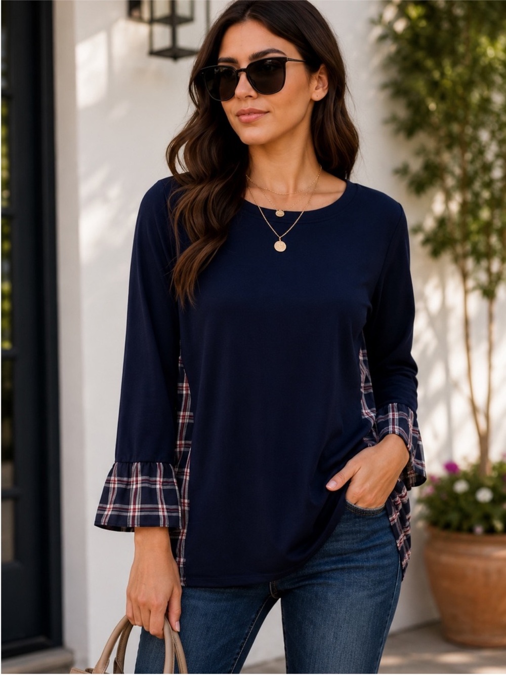 LOFT XS Navy Plaid Mixed Media Swing Tunic Top Bell Sleeve Preppy